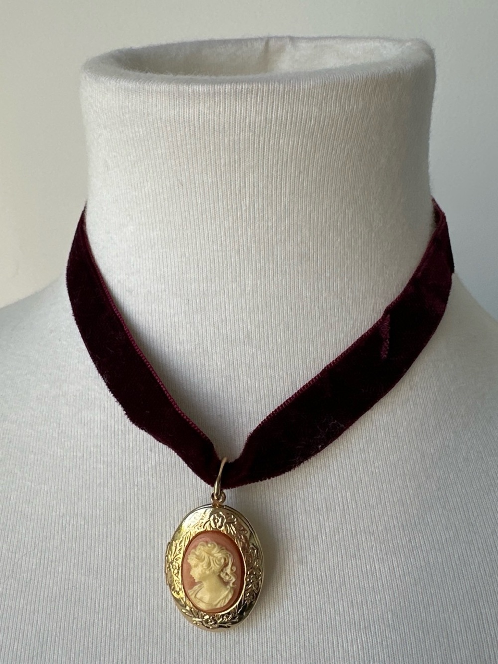 Vintage Burgundy velvet choker with ornate gold cameo portrait locket pendant